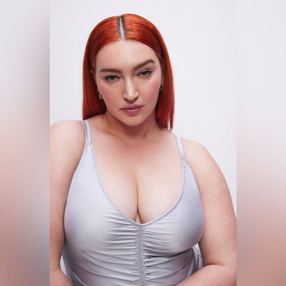 GOOD AMERICAN Silver Satin One Piece‎ Swimsuit Always Ruched Size 7 4X 4XL New - Picture 7 of 13